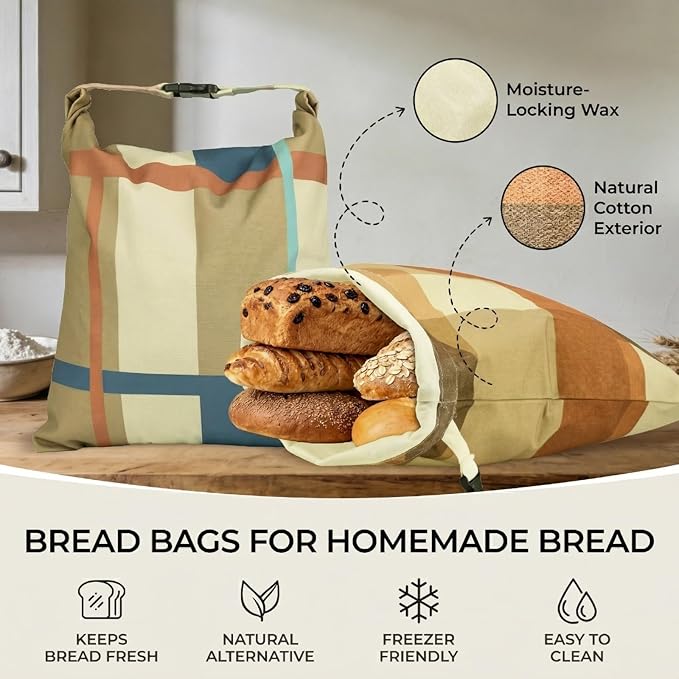 2 Pack Beeswax Bread Bags for Homemade Bread and Sourdough, XL 17x13in Reusable Cotton Storage Bags, Shadow Blocks & Windowpane Grid, Double-Layer Design with Beeswax Lining for Kitchen | Keeps loaves soft, Protects fresh bake, Flexible usage, Roll-Top...