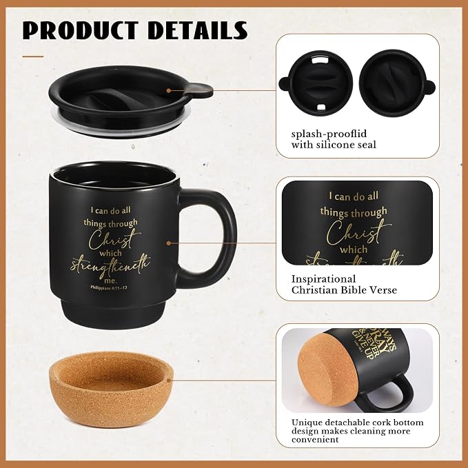 FillTouch 12 Pcs Christian Mug Gifts Bulk 15oz Religious Cup Cork Bottom Coffee Mug with Verse Inspirational Gift for Women Men Pastor Church Group Bible Study Member(Black,Classics)