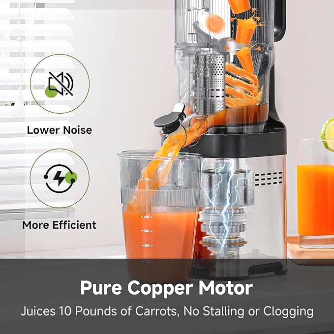 Cold Press Juicer Machine, 5.3" Extra Self-Feeding Chute for Whole Vegetables & Fruits, Large Auger & Triple Strainers, High Juice Yield, Easy to Clean, Stainless Steel Silver