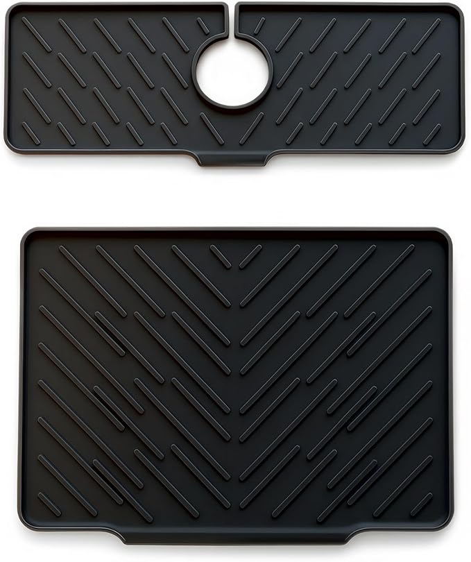 2 Pieces kitchen faucet mat as soap and sponge tray and silicone dish drying mats for kitchen counter, heat resistant mats for countertop, kitchen sink faucet organizer (black)