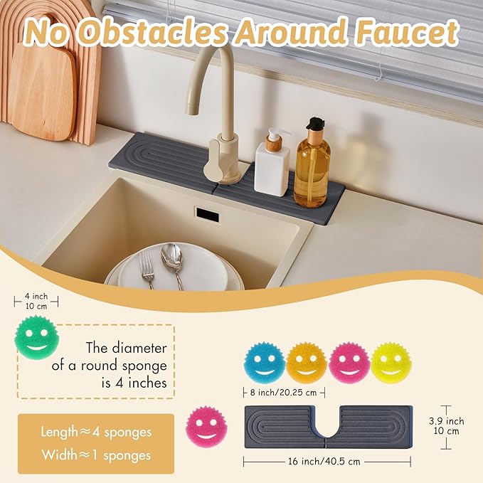 Kitchen Faucet Absorbent Mat with U-Shape Hole, 16" Diatomaceous Earth Splash Guard for Sink Faucet, Aesthetic Water Absorbing Stone Tray Draining Mat for Modern Home, Gift for Girlfriend, Dark Grey