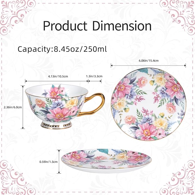 KAMMAK Tea Cups and Saucers Set of 2, Porcelain Coffee Cups, Stackable Espresso Mugs, Ceramic Demitasse for Coffee, Cappuccino, Latte, Americano, Tea, Blooming Flowers