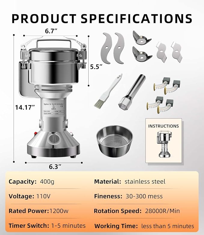 Electric Grain Mill 400g, Flour Grinder Mill Stainless Steel for Home, Counter Grain Grinder for Wheat, Rice, Wheat Berry, Corn, Herbs, Spices