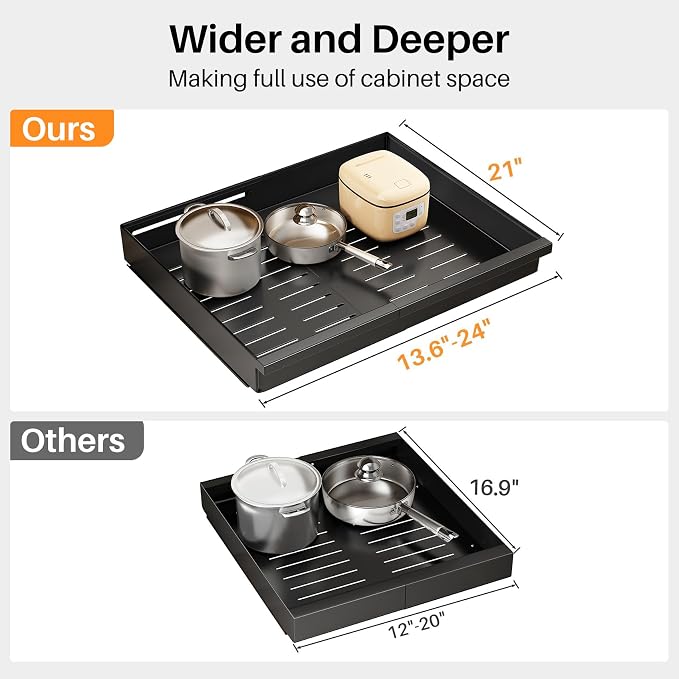 Pull out Cabinet Organizer, 2-Pack Expandable(13.6"-24") Silde out Drawers with Raising Pad for Framed Cabinets, Adjustable Full-Extension Adhesive Roll out Shelves for Kitchen Pantry Home Pot and Pan