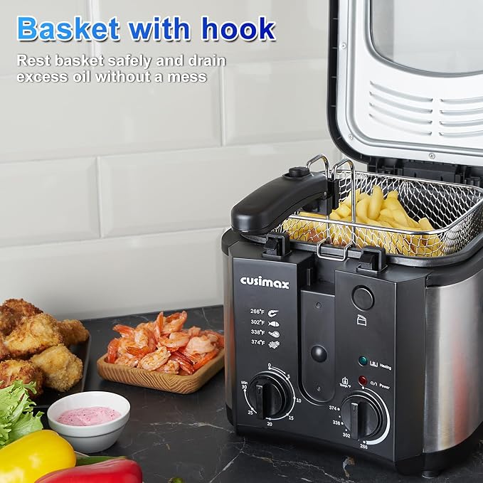 CUSIMAX Electric Deep Fryer for Home Use, 2.5 Liter 1500W Small Deep Fryer with Basket, Adjustable Temperature & Time, Lid with View Window and Odor Free Filter