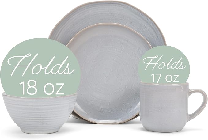 Elanze Designs Reactive Glaze Farmhouse Rustic Boho Ceramic Stoneware Dinnerware 16 Piece Plate Bowl Mug Dish Set - Service for 4, Pale Grey