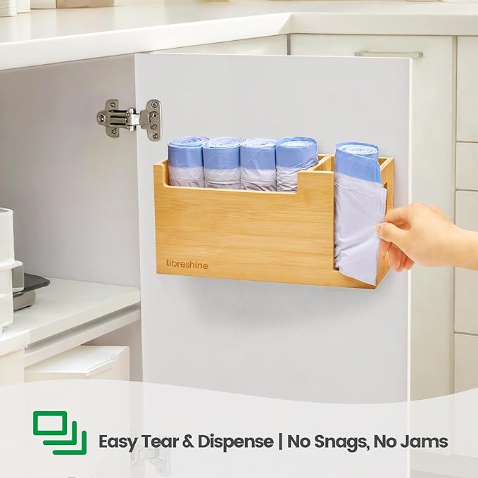 Libreshine Bamboo Trash Bag Dispenser & Holder 1.2–4 Gallon, No-Drill Adhesive Wall Mount & Cabinet Door, Fits Up to 3.3” Diameter Rolls, Mini Garbage Bag Organizer for Kitchen Under Sink