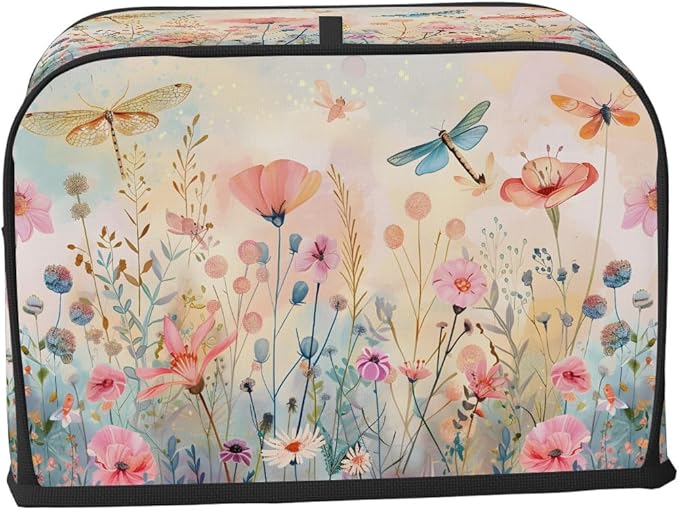 Colored Flower Dragonfly 2 Slice Toaster Cover Dust And Fingerprint Bread Maker Cover Bakeware Protector Washable Appliance Covers Kitchen Accessories For Home Kitchen Women Gift