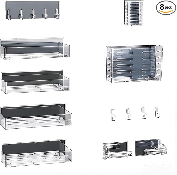 Magnetic Spice Rack for Refrigerator,8 Pack Magnetic Shelf,Fridge Magnet Organizer with Paper Towel Holder,Utensils Racks,Hook Rack,Deepened Basket,Fridge Organizers and Storage Clear(8 Pack)