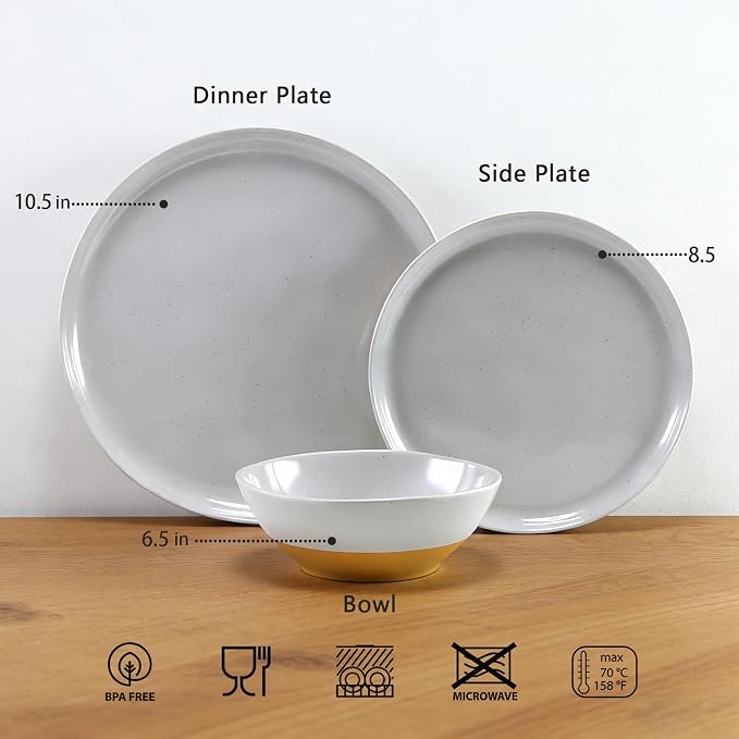 12-Piece Melamine Dinnerware Set for 4, Unbreakable Plates and Bowls, Dinner Dishes Set for Patio, RV and Camping, Dishwasher Safe