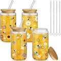Mumufy 4 Pack Wildflower Glass Cups Gift Aesthetic Cute Glass Cup Tumbler Flower Iced Coffee Mugs 16 oz with Bamboo Lid & Straw, for Wedding Birthday Bridesmaid Mom Baby Shower