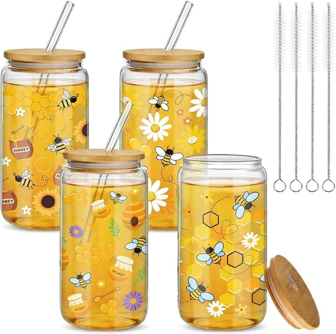 Mumufy 4 Pack Wildflower Glass Cups Gift Aesthetic Cute Glass Cup Tumbler Flower Iced Coffee Mugs 16 oz with Bamboo Lid & Straw, for Wedding Birthday Bridesmaid Mom Baby Shower