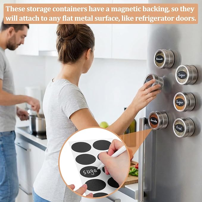 CHENGU 24 Pack Magnetic Spice Jars for Refrigerator 3 oz Magnetic Spice Containers Stainless Steel Seasoning Tins with Clear Lid, with Labels Marker and Pens for Grill Kitchen Fridge Rack Travel
