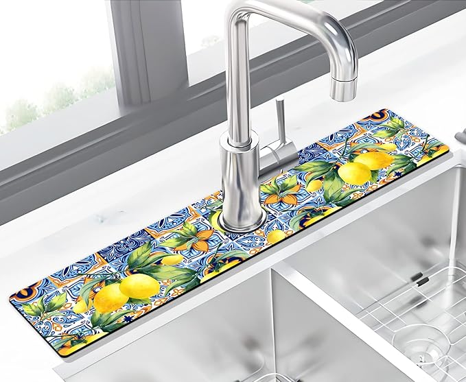 Kitchen Sink Splash Guard Faucet Mat Super Absorbent Fast Drying Mat Sink Gadgets Splash Guard Behind Faucet Drip Catcher for Kitchen (Lemon, 23.5x5.5in)