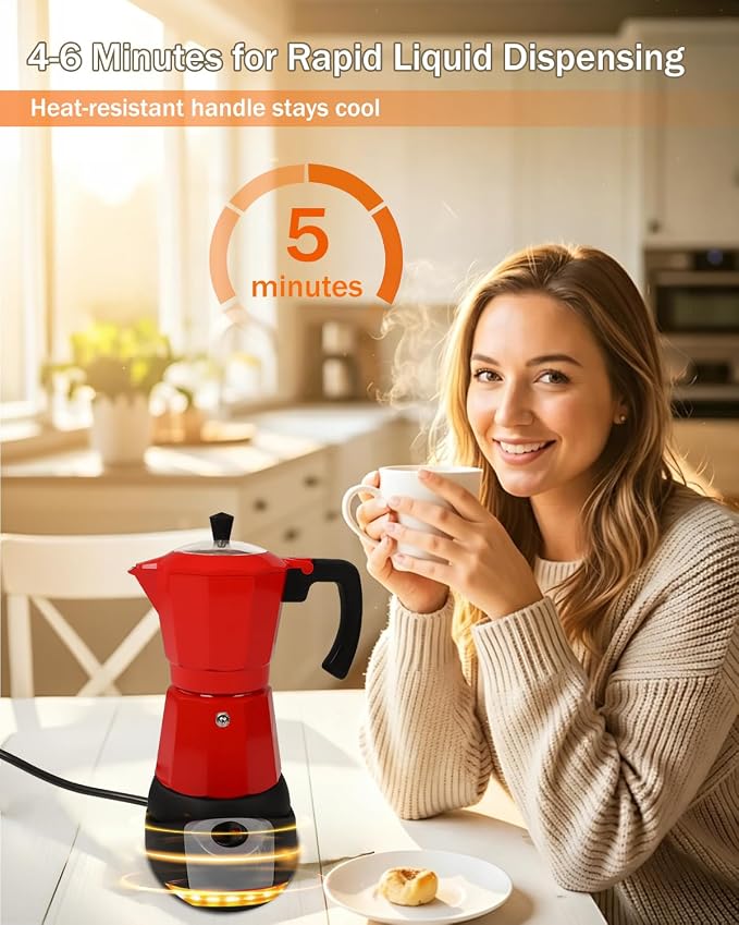 Electric Moka Pot with Detachable Base Aluminum Espresso Maker 10oz 6 Cup 300ml Red Italian Coffee Maker for Kitchen Home 110V