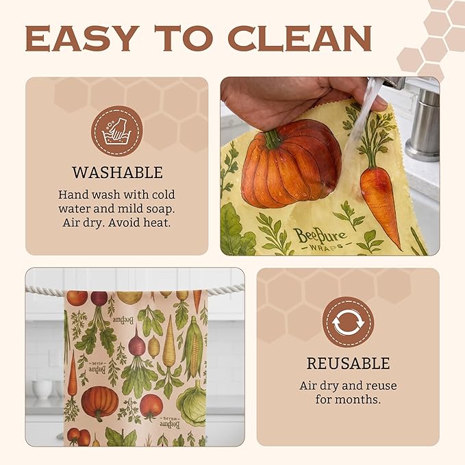 Reusable Beeswax Food Wrap Roll – Bees & Veggies (15”×80”)