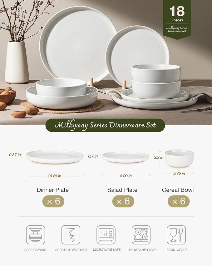 Famiware Milkyway Plates and Bowls Set, 18 Pieces Dinnerware Sets, Dishes Set for 6, White