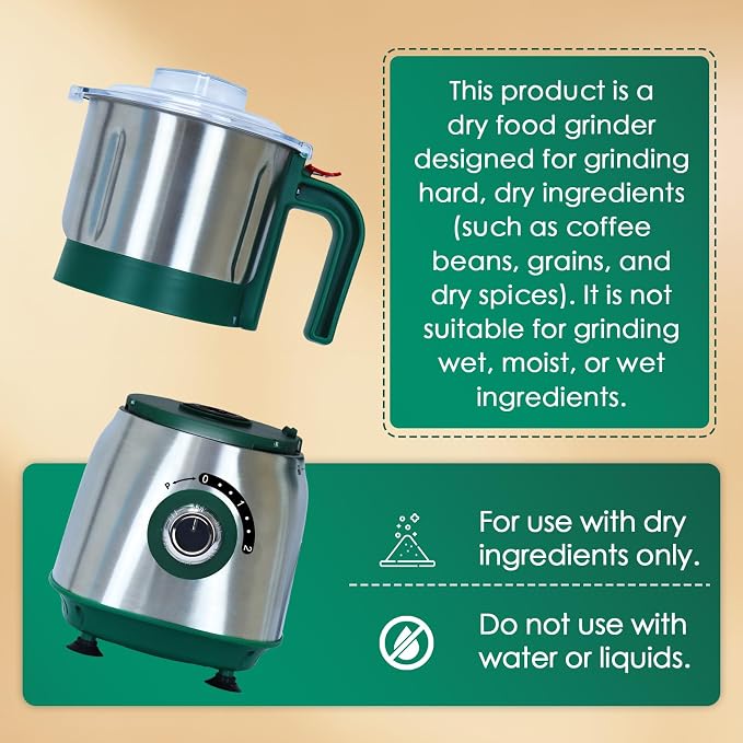 Electric Spice and Nut Grinders - 3 Stainless Steel Blades, 1 Filter, 1 Brush - 500W Grinder for Kitchen, Dry Use (Green)