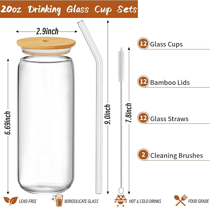 12 Pcs Glass Cups with Bamboo Lids and Straws - 20oz Glass Tumbler, Iced Coffee Cup, Can Shaped Drinking Glasses for Coffee, Tea, Smoothie, Juice, Cocktail Include 2 Cleaning Brushes