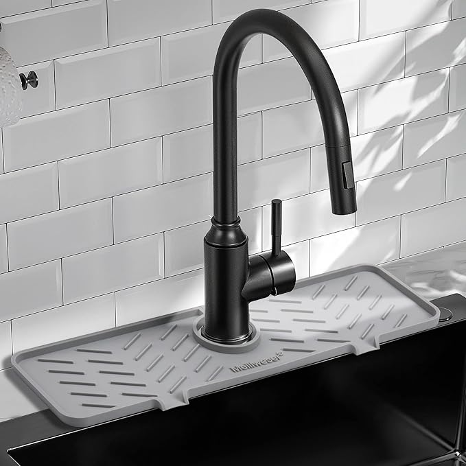 Meiliweser Silicone Faucet Mat for Kitchen Sink – Gen 2 Splash Guard with Upgraded Outlet & Slope – 18” x 5.1” Water Catcher & Sink Sponge Holder for Kitchen and Bathroom (Gray)