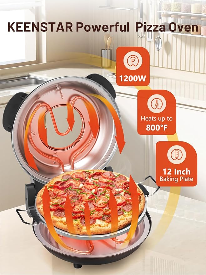 KEENSTAR Pizza Oven Indoor 12-Inch, Countertop Glazed Ceramic Stone Pizza maker with Adjustable Timer, 1200W Heat up to 800°F, Electric Pizza Cooker with Viewing Window Baked Pizzeria Style at Home