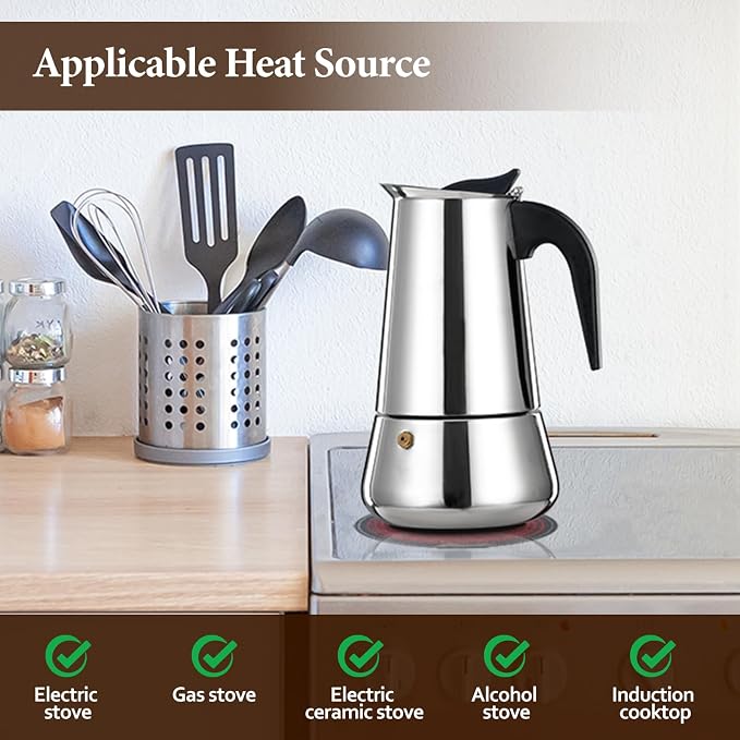 4 Cup Stainless Steel Moka Pot Stovetop Espresso Maker | Italian Coffee Machine 200ml 6.6oz Suitable for Gas Induction Stovetop Mocha Greca Coffee Maker Percolator Tummy