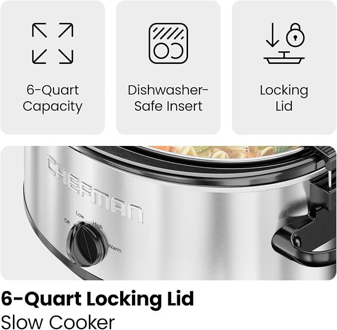 Chefman 6 Quart Slow Cooker with Locking Lid, Ceramic Crock with Portable Cook and Carry Travel Latching Lock, Large Easy Clean Dishwasher Safe Pot Insert, Manual 3 Heat Settings, Stainless Steel