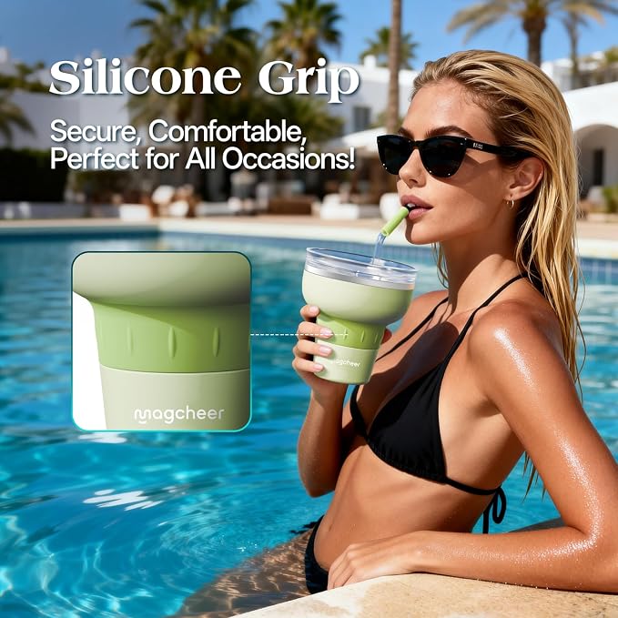 16 oz Stainless Steel Cocktail Tumbler with Lid and Straw - Insulated Margarita Tumbler - 320 Sippable Stemless Wine Cup for Party | Green