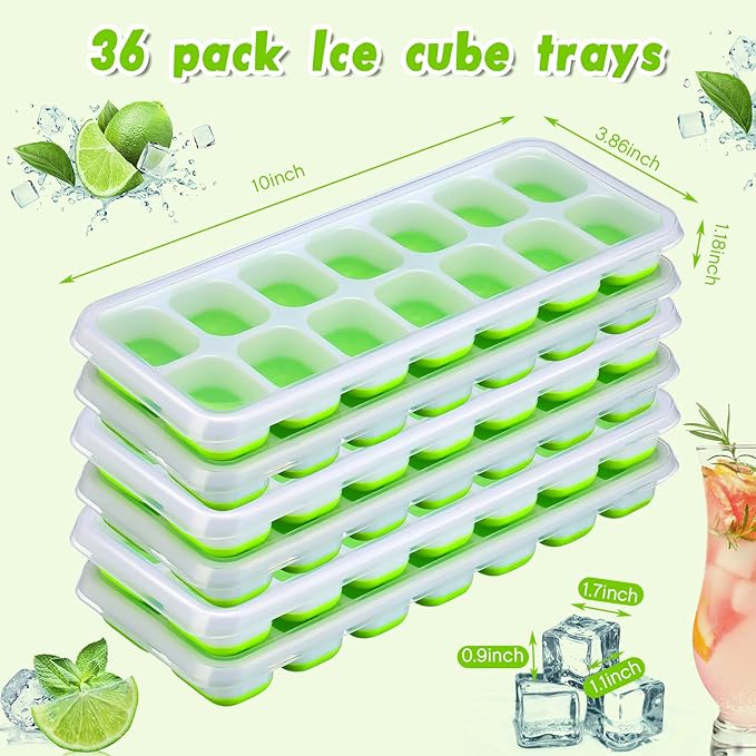 Rtteri 36 Pack Ice Cube Trays Silicone Ice Tray for Freezer Flexible 14 Cube Molds Easy Release Stackable Trays with Lid for Drinks Cocktail Coffee Baby Food (Green)
