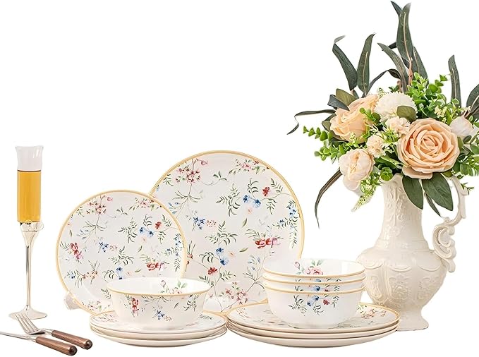FHGNYSM Delicate Floral Dinnerware Set for 4,12-Piece Porcelain Lightweight Plates and Bowls Sets with Fine Sprigs and Blossoms, Ceramic Kitchen Dinner Set with Thin Gold Rim(English Garden Style)
