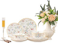 FHGNYSM Delicate Floral Dinnerware Set for 4,12-Piece Porcelain Lightweight Plates and Bowls Sets with Fine Sprigs and Blossoms, Ceramic Kitchen Dinner Set with Thin Gold Rim(English Garden Style)