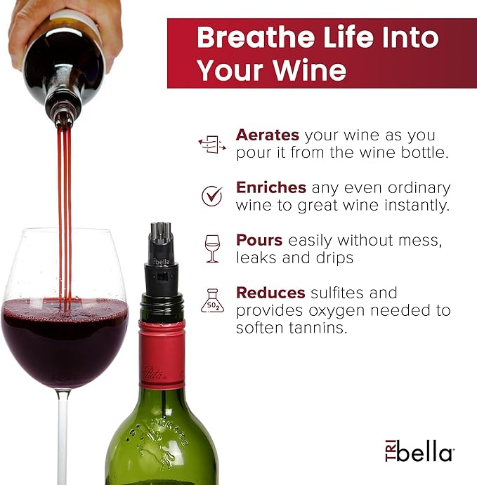 TRIBELLA Classic Wine Aerator, Multi-Stream Wine Aeration 3 Stainless Steel Spouts, Kitchen Essential, Easy Use, No-Drip Wine Pouring Accessory in Easy-to-Carry Gift Case