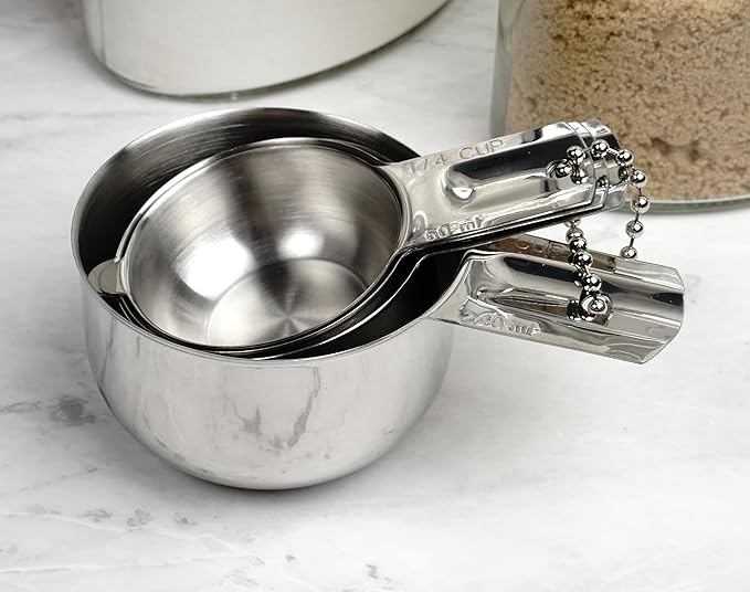 RSVP International Endurance Stainless Steel Measuring Cups, Set of 4 | 1/4 Cup to 1 Cup Measurements | Nest for Easy Storage | Dishwasher Safe | Dry or Liquid | Baking or Cooking