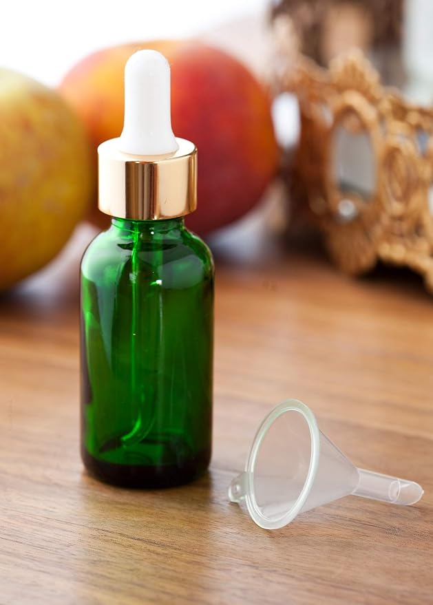 JUVITUS 1 oz / 30 ml Green Glass Boston Round Bottle with Gold Metal Glass Dropper (24 pack) + Funnel I Refillable Empty Storage Containers