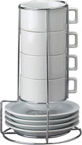 HIC Kitchen Stackable Cappuccino Mug Set, Fine Porcelain, 9-Piece Set, 7-Ounce Service for 4 Plus Storage Stand