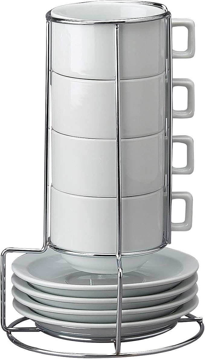 HIC Kitchen Stackable Cappuccino Mug Set, Fine Porcelain, 9-Piece Set, 7-Ounce Service for 4 Plus Storage Stand