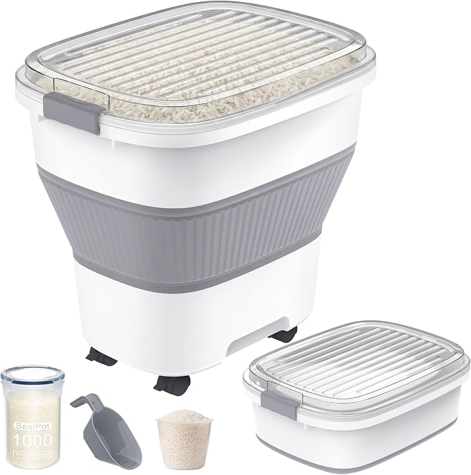 50 Lbs Rice Storage Container with Wheels, Collapsible Airtight Rice Holder with Transparent Lid, Measuring Cup, Scoop, Handle, BPA Free Food Storage Container for Pet Food, Grain, Bird Seed