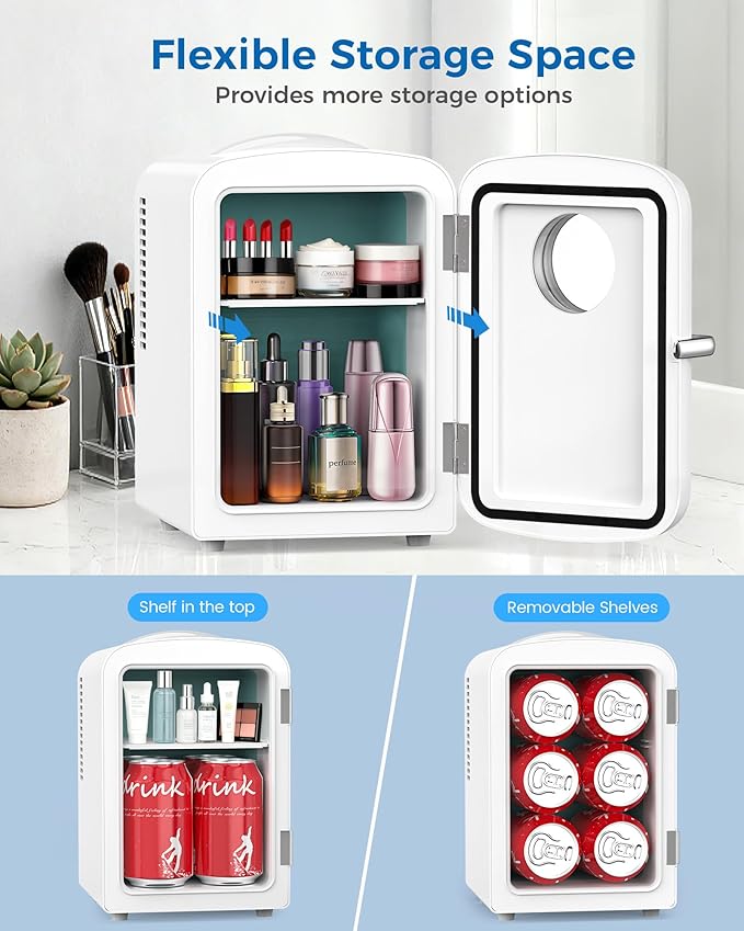 Electactic Mini Fridge for Skincare, 4L/6 Cans Portable Compact Cosmetic Fridge, Desktop Fridge with AC/DC Adapters, Observation Window, Small Cooler and Warmer for Beverage, Makeup, Bedroom, White