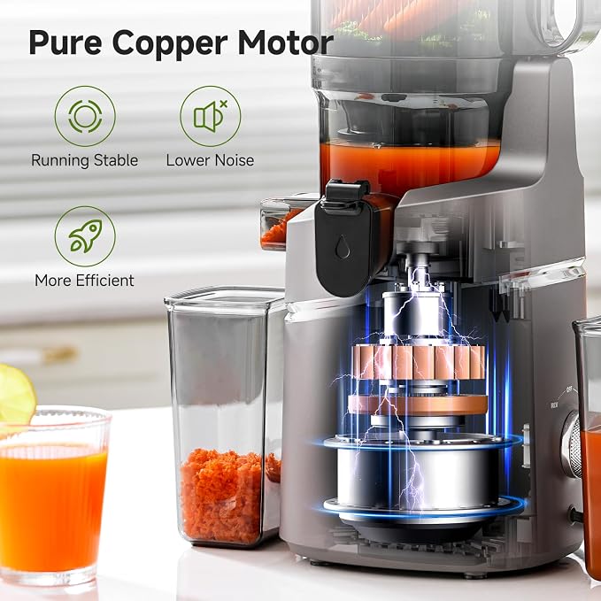 AMZCHEF Cold Press Juicer Machine, 5.8" Wide Chute for Whole Fruits & Vegetables, Self-Feeding Slow Masticating Juicer, 3-in-1 for Juice, Nut Milk & Sorbet, Triple Filtration, Easy Clean