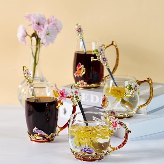 Tea Cup Glass Coffee Mugs,Fancy Tea Cup Set Birthday Christmas Valentine's Day Gift Idea for Tea Lover and Women Novelty Coffee Mugs Rose Flower Enamel Tea Cup Glass Mug with Spoon