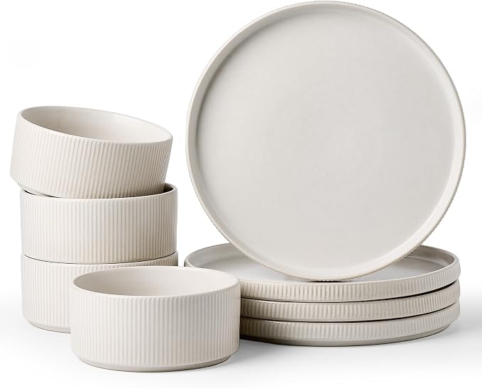 Famiware Star 8-Piece Stoneware Dinnerware Sets for 4 – 10.5" Flat Dinner Plates & 23 oz Deep Cereal Bowls, for Everyday & Formal Use, Chip & Scratch Resistant, Microwave/Dishwasher Safe, Matte White