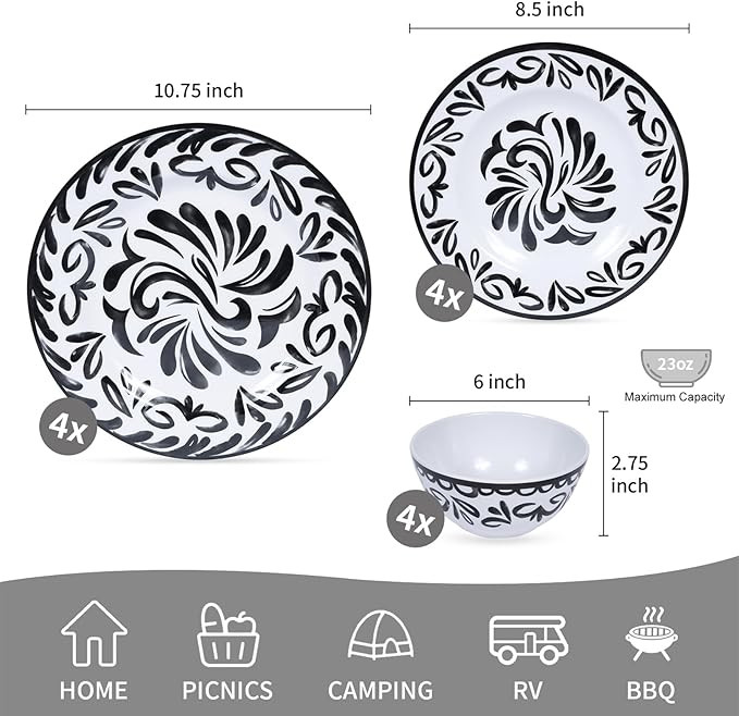 12-Piece Melamine Plates and Bowls Set - Artistic Black & White Design Dinnerware Set， Service for 4, Lightweight Melamine Dishes Set for Indoor and Outdoor Use，Black Floral