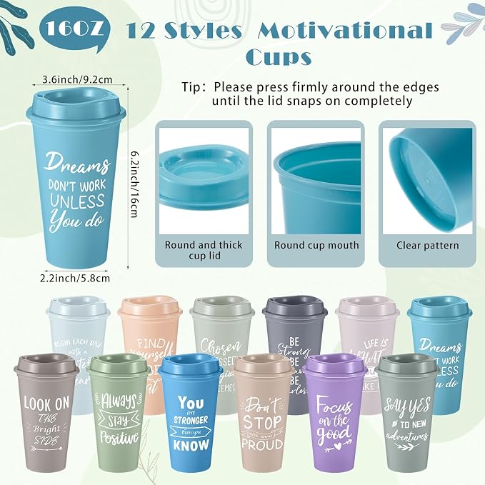 Skylety 12 Sets/48 Pcs Employee Appreciation Gifts 16oz Inspirational Plastic Cups Spiral Notebooks Ballpoint Pens Keychains Bulk Thank You Cup for Employee Coworker (Light Morandi)