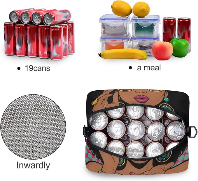 Reusable Lunch Bag for Girls Women,Young African American Woman With Lips Lunch Box Container with Detachable Shoulder Strap,Insulated Lunch Coolers for School Office