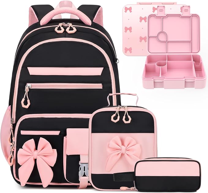 DIGOBAY Girls Backpack - Kids Bento Box Set with Insulated Lunch Bag, Cutlery and Pencil Case, 6 Leak-Proof Compartments, Removable Tray for Girls Teens School Picnic