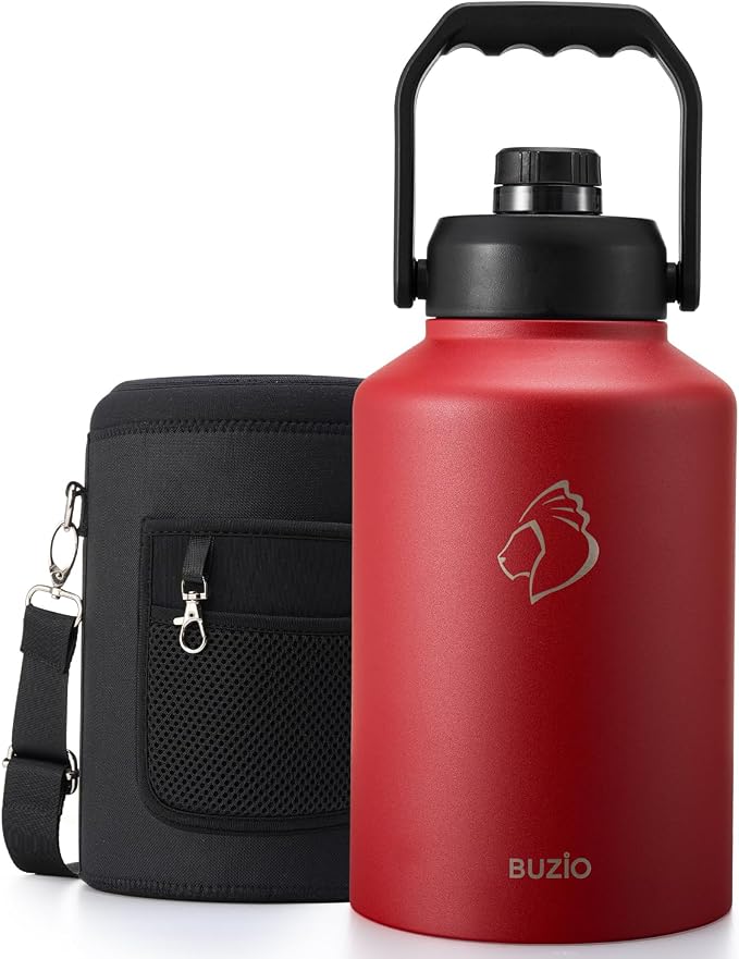 BUZIO 1 Gallon Water Jug Insulated, Stainless Steel Bottle With Large Handle & Spout Lid, 3.58" Big Wide Mouth BPA-Free Leakproof Metal Water Flask For Camping, Adventure, Sports, Red