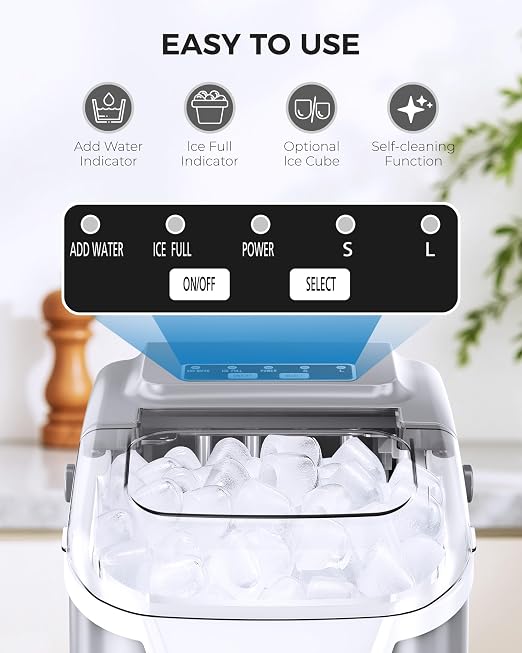 COWSAR Ice Maker Countertop, Portable Ice Makers Countertop, 26.5lbs/24Hrs, 8 Bullet Ice Cubes in 6 Mins, Ice Basket and Scoop, Self Cleaning Mini Ice Machine for Home, Kitchen, Camping