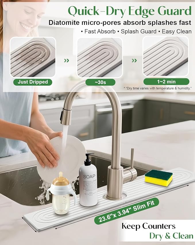 Stone Drying Mat for Kitchen Faucet: Diatomite Stone Drying Tray - Fast Water Absorbent Kitchen Sink Splash Guard for Bathroom Faucet & Counter - Ideal for Moms & Housewife (White, 23.6" x 3.94")