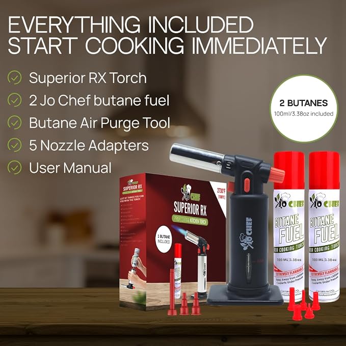 Jo Chef Kitchen Torch with Butane Included – Refillable butane torch Lighter with Safety Lock & Adjustable Flame, Culinary Blow Torch for Cooking, Creme Brulee 2 Cans (3.38oz) Included Black