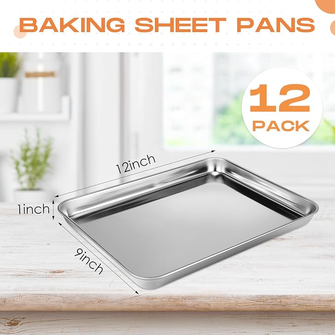 Zopeal 12 Pcs Metal Serving Trays for Food,Baking Sheet Pan Stainless Steel Small Nonstick Cookie Sheet Set Quarter Baking Pan,Toaster Oven and Dishwasher Safe(12 x 9 x 1 Inch)